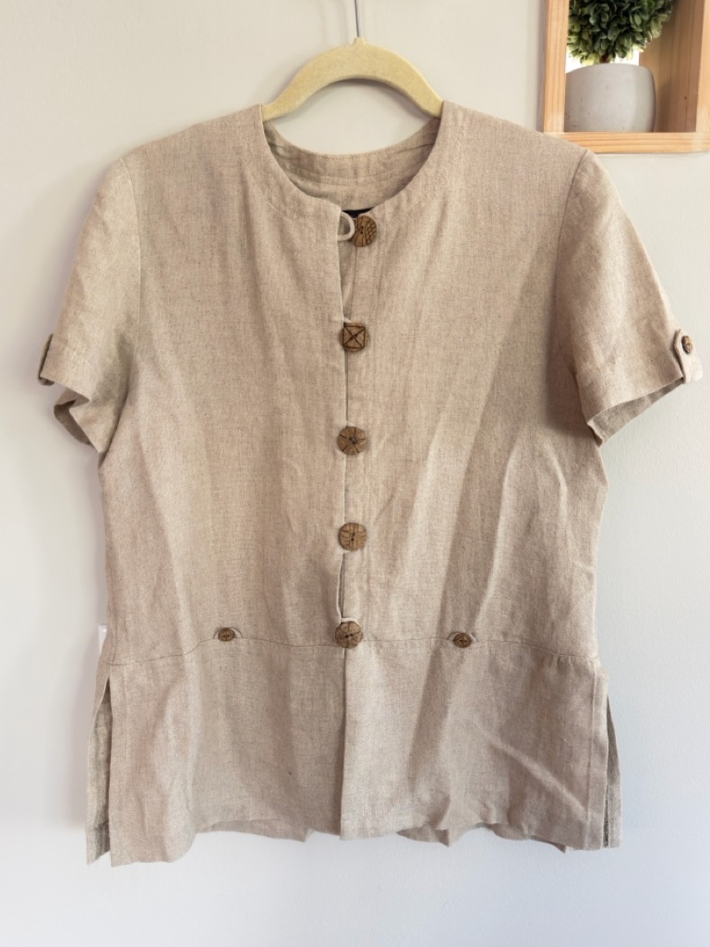 Neutral Beige Short-Sleeve Linen Blend Button Front Blouse